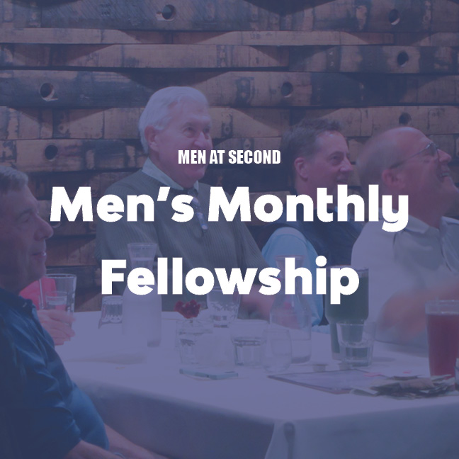 Men's Monthly Fellowship
Next Date: April 22, 6 – 8 PM, The Roost in Nora
Join Men at Second and guest speaker for this monthly gathering of food, faith, and fellowship.


